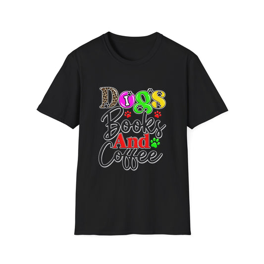 Dogs Books And Coffee T-Shirt — Colorful Paw Print Graphic Tee for Dog Lovers