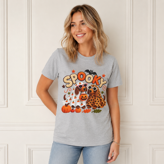 Spooky Halloween T‑Shirt — Cute Pumpkins, Bat & Leopard Print Ghosts