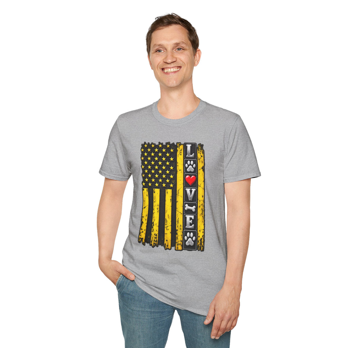 Love Paw Flag T-Shirt — Yellow Distressed American Flag with Paw Print & Heart