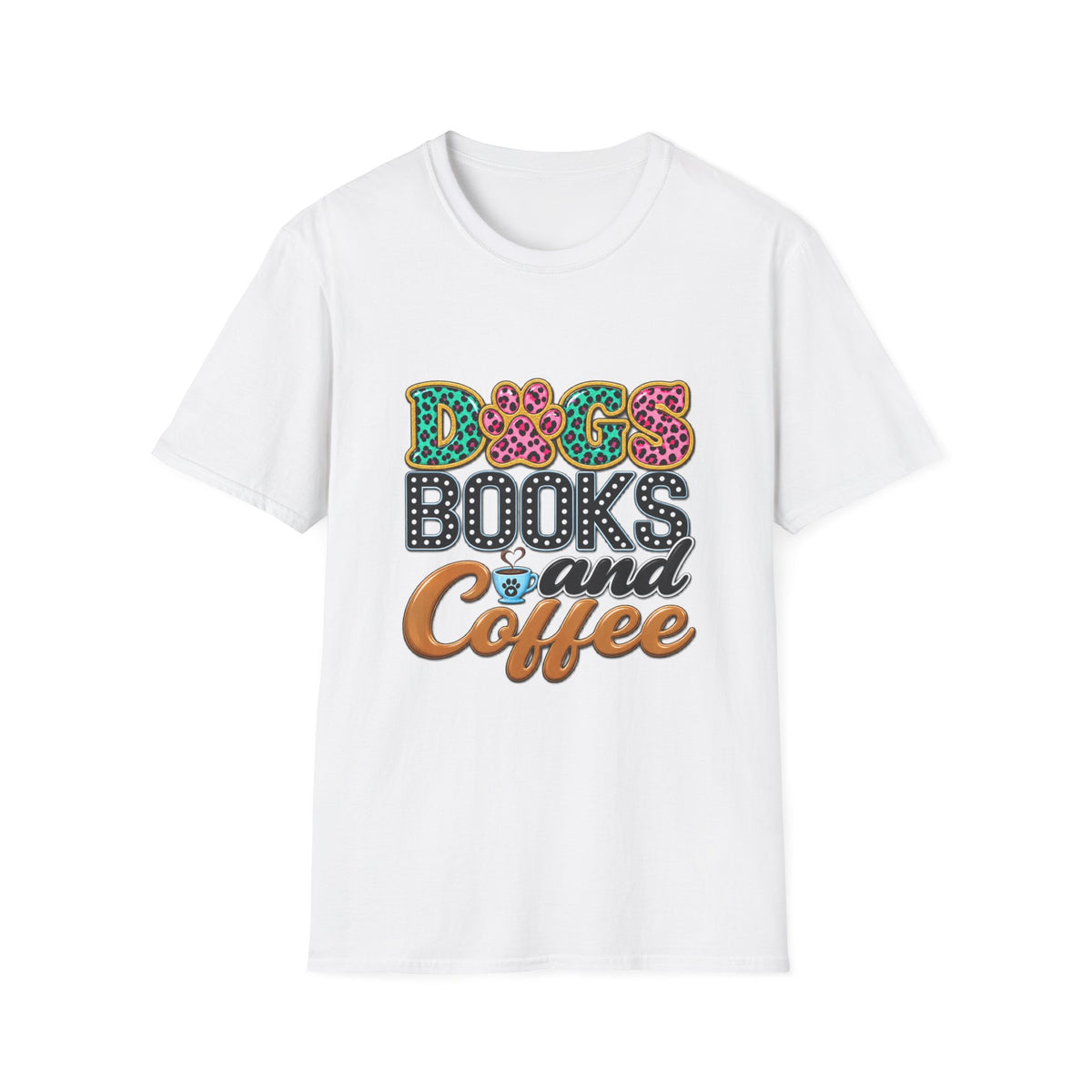 Dogs, Books and Coffee T-Shirt — Leopard Paw Typography Tee for Dog Lovers & Bookworms