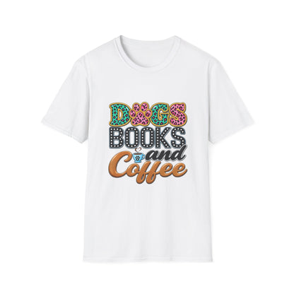 Dogs, Books and Coffee T-Shirt — Leopard Paw Typography Tee for Dog Lovers & Bookworms