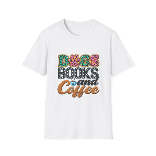 Dogs, Books and Coffee T-Shirt — Leopard Paw Typography Tee for Dog Lovers & Bookworms