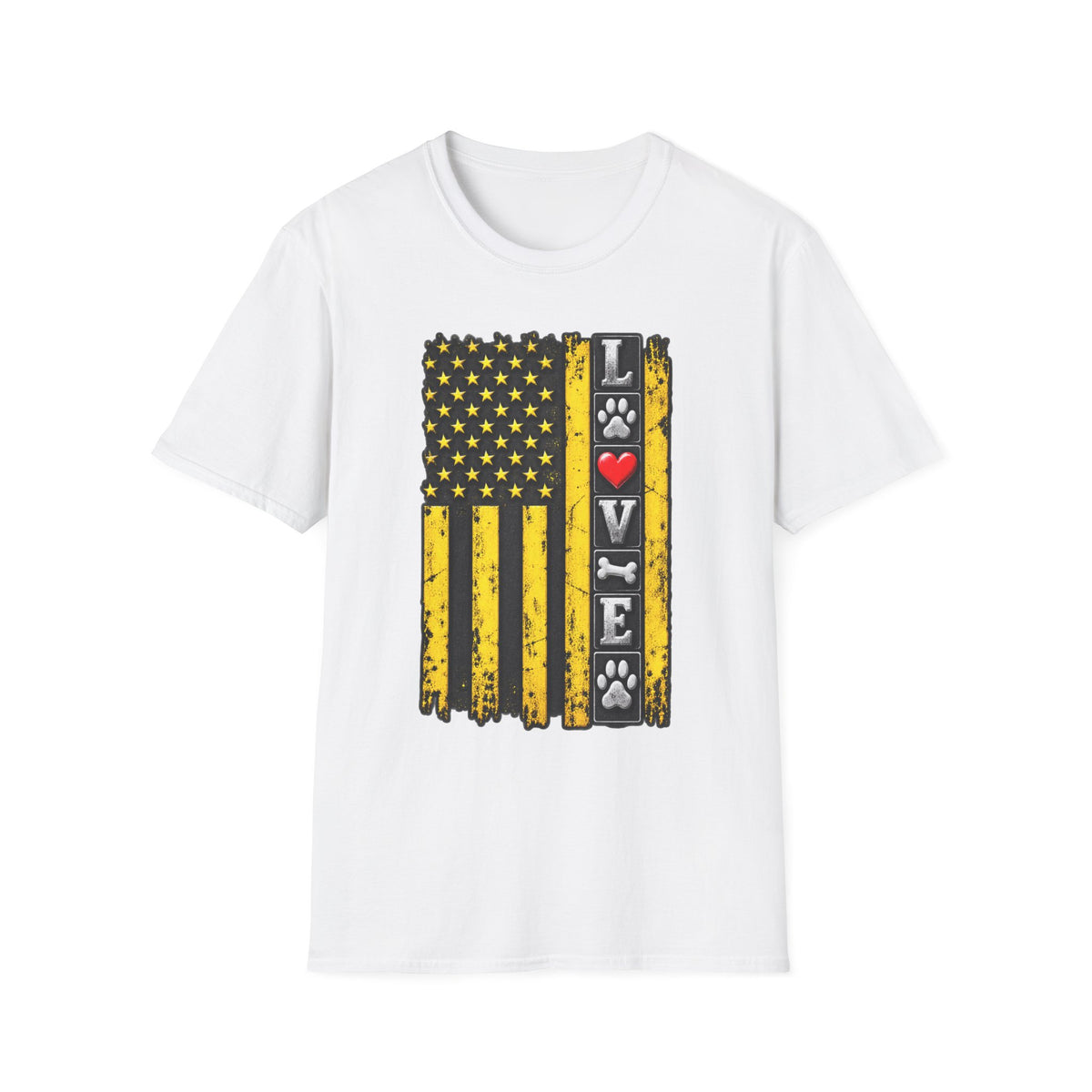 Love Paw Flag T-Shirt — Yellow Distressed American Flag with Paw Print & Heart