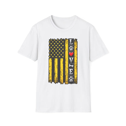 Love Paw Flag T-Shirt — Yellow Distressed American Flag with Paw Print & Heart