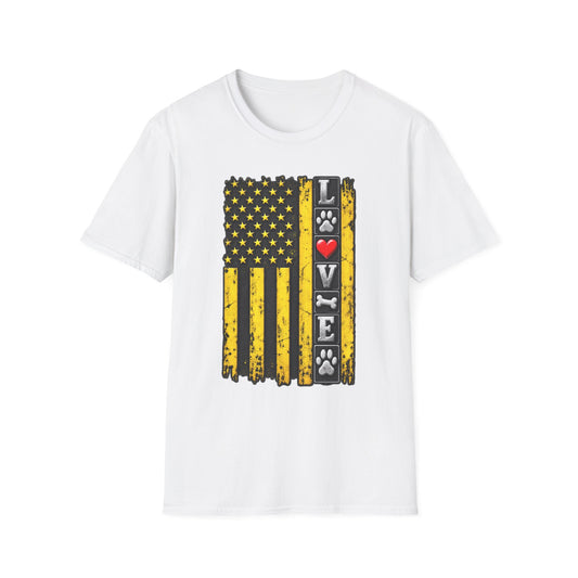 Love Paw Flag T-Shirt — Yellow Distressed American Flag with Paw Print & Heart