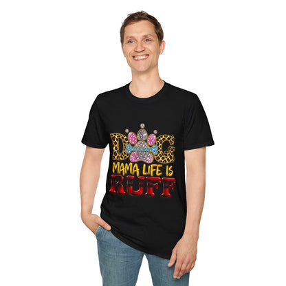 Dog T-Shirt — "Mama Life Is Ruff" Leopard Paw Bling Crew Tee