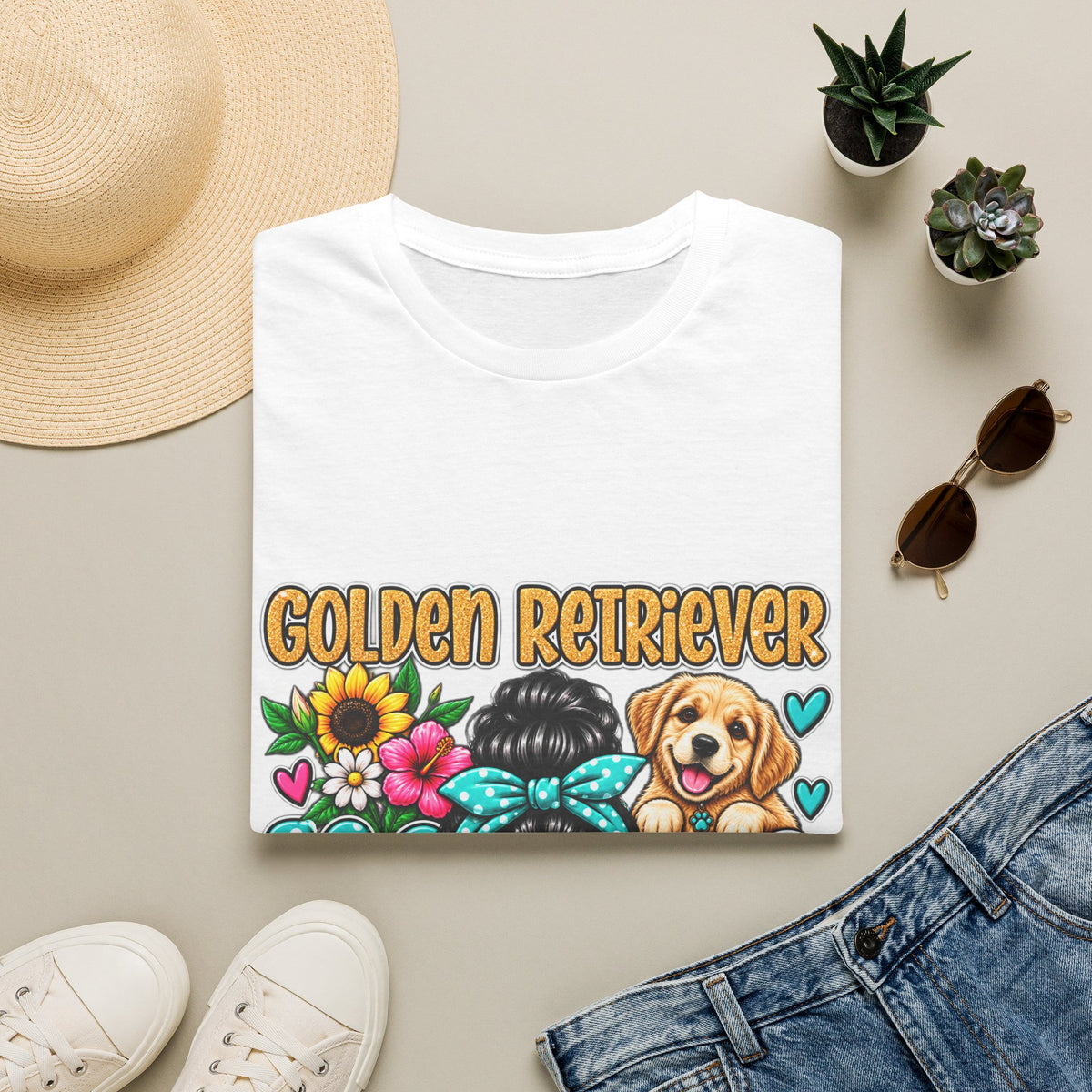 Golden Retriever Mom T-Shirt — Floral Messy Bun Dog Lover Tee