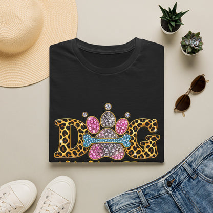 Dog T-Shirt — "Mama Life Is Ruff" Leopard Paw Bling Crew Tee