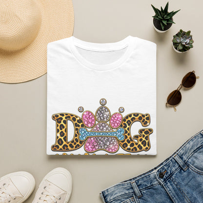 Dog T-Shirt — "Mama Life Is Ruff" Leopard Paw Bling Crew Tee