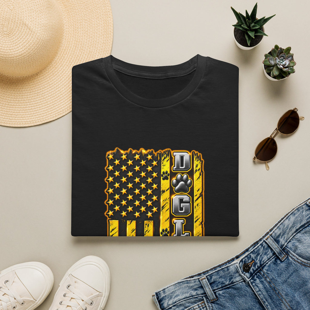 JCB Life Graphic T‑Shirt — Distressed Yellow American Flag Tractor Pride