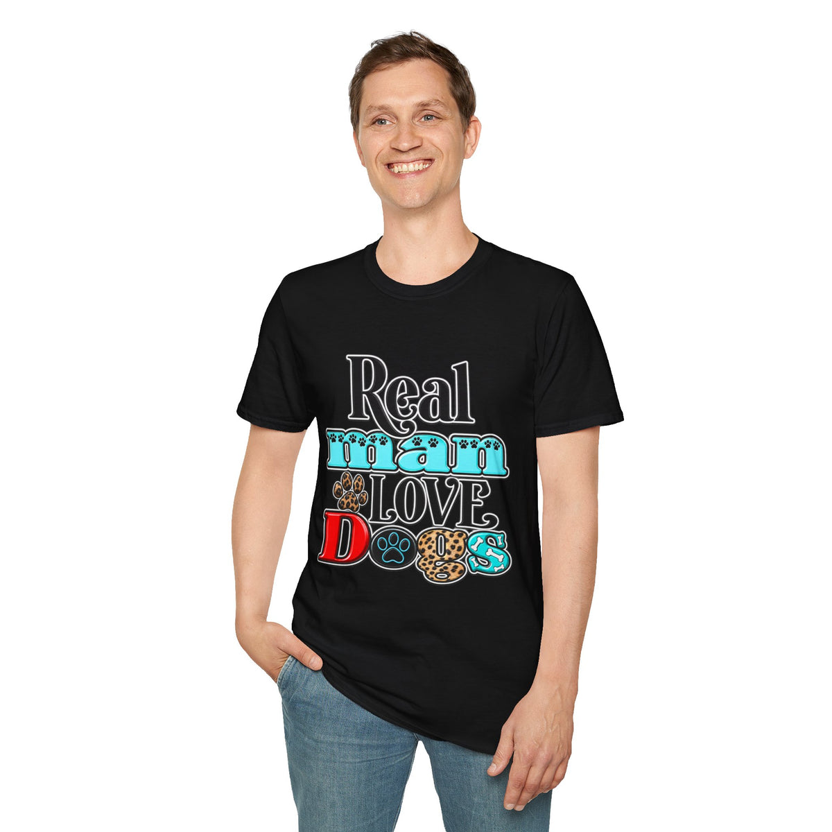 Real Man Loves Dogs T-Shirt — Vintage Paw Print Graphic