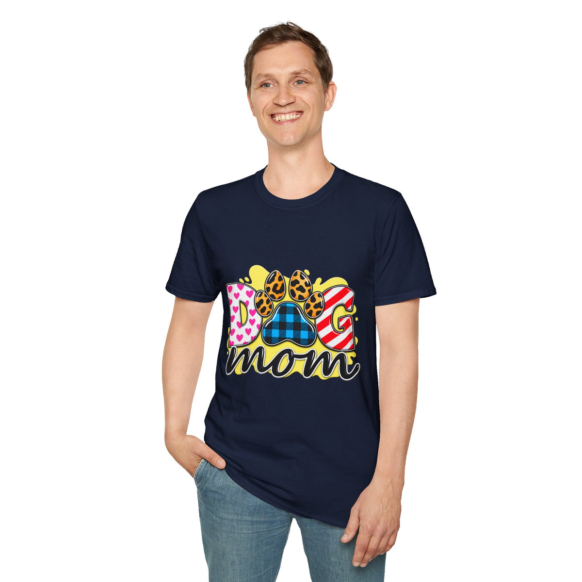 Dog Mom T‑Shirt — Colorful Paw Print Design