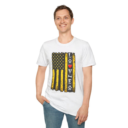 Love Paw Flag T-Shirt — Yellow Distressed American Flag with Paw Print & Heart