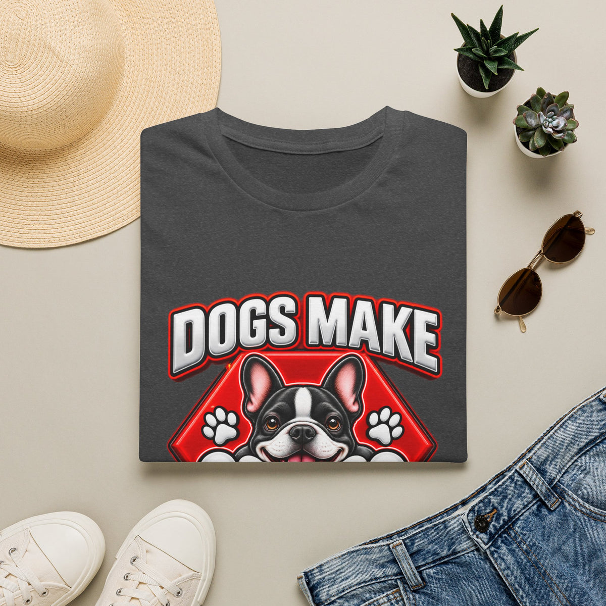 Dogs Make Me Happy T-Shirt - Cute French Bulldog Pet Lover Tee