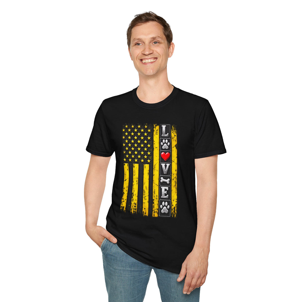 Love Paw Flag T-Shirt — Yellow Distressed American Flag with Paw Print & Heart