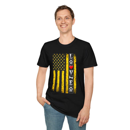 Love Paw Flag T-Shirt — Yellow Distressed American Flag with Paw Print & Heart