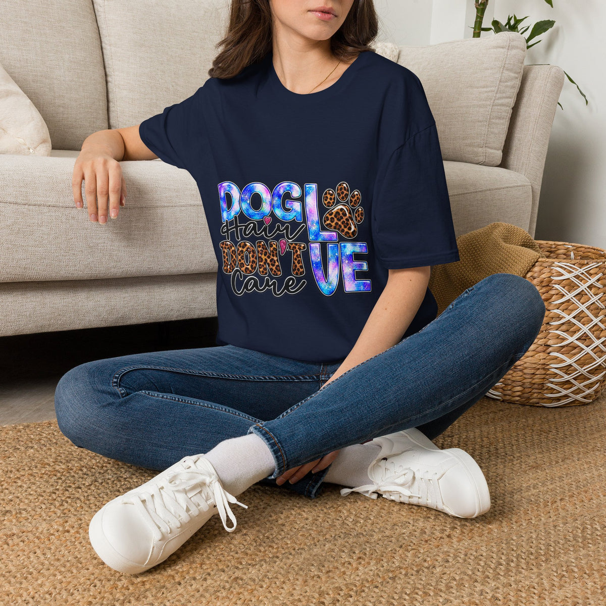 Dog Mom T-Shirt - "Dog Hair Don’t Care" Leopard Paw Graphic