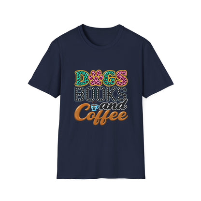 Dogs, Books and Coffee T-Shirt — Leopard Paw Typography Tee for Dog Lovers & Bookworms