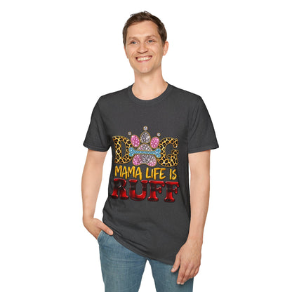Dog T-Shirt — "Mama Life Is Ruff" Leopard Paw Bling Crew Tee