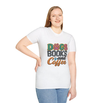 Dogs, Books and Coffee T-Shirt — Leopard Paw Typography Tee for Dog Lovers & Bookworms