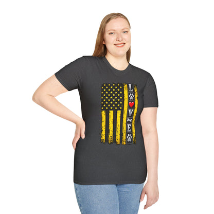 Love Paw Flag T-Shirt — Yellow Distressed American Flag with Paw Print & Heart