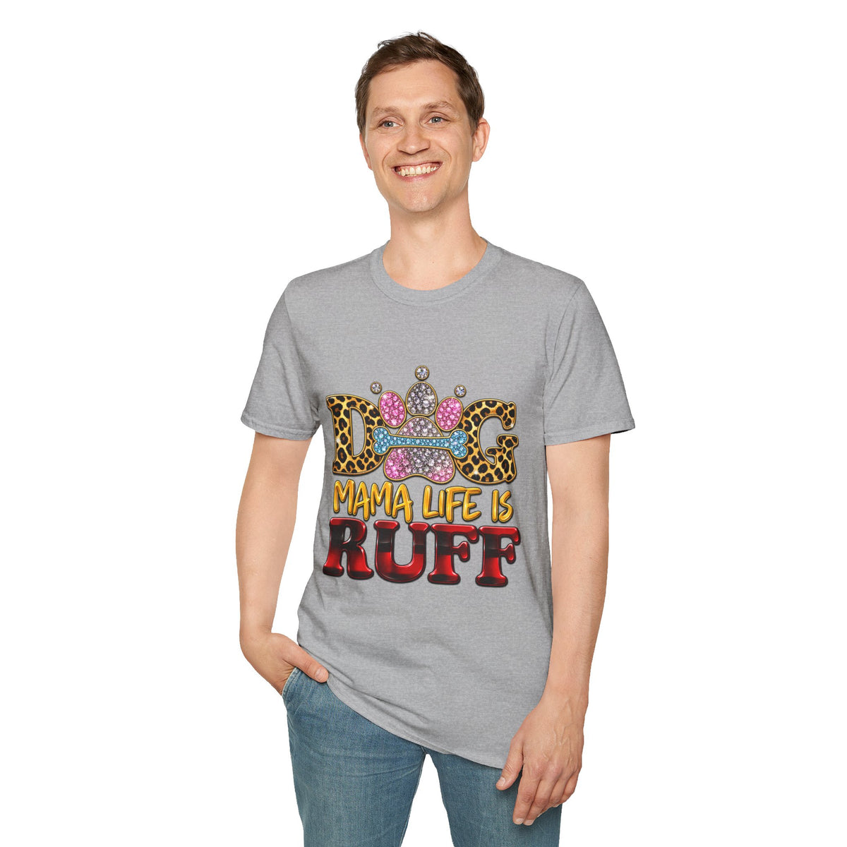 Dog T-Shirt — "Mama Life Is Ruff" Leopard Paw Bling Crew Tee
