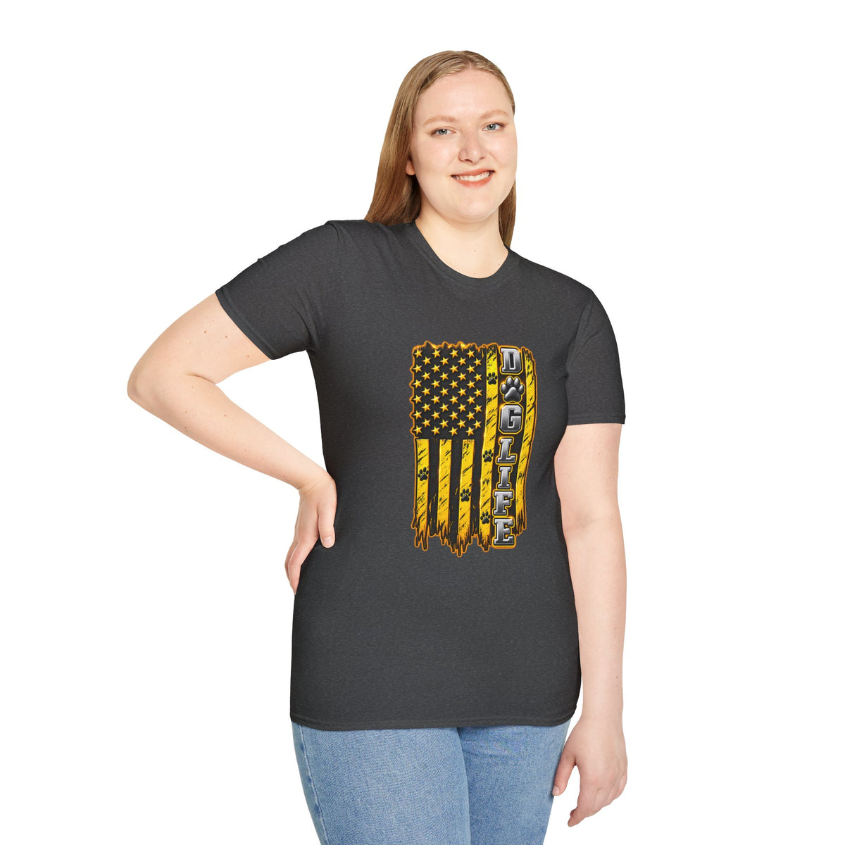 JCB Life Graphic T‑Shirt — Distressed Yellow American Flag Tractor Pride