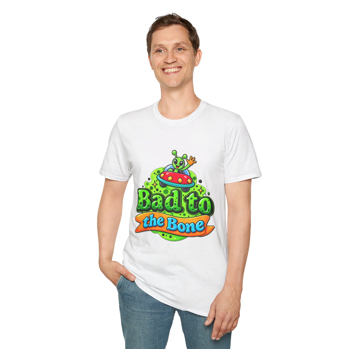 Bad to the Bone Alien T-Shirt — Cute UFO Cartoon Tee