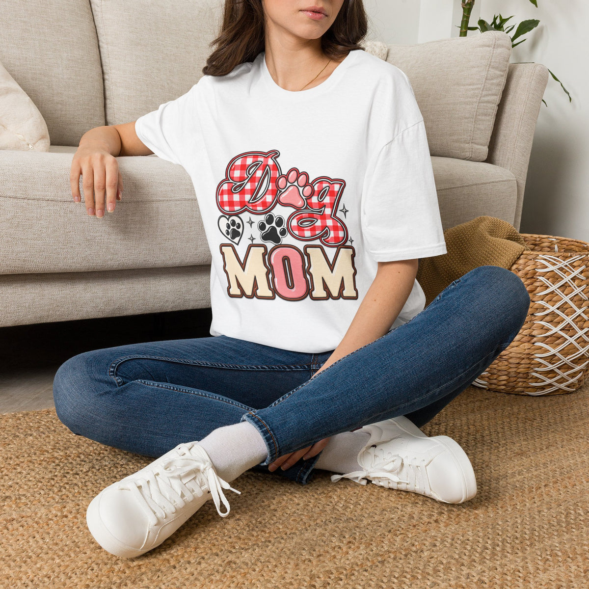 Dog Mom T-Shirt — Red Gingham Paw Graphic Tee