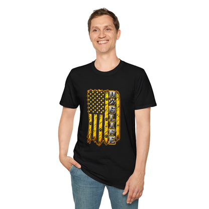 JCB Life Graphic T‑Shirt — Distressed Yellow American Flag Tractor Pride