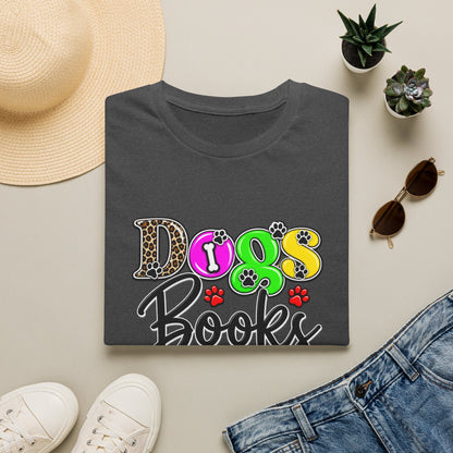 Dogs Books And Coffee T-Shirt — Colorful Paw Print Graphic Tee for Dog Lovers