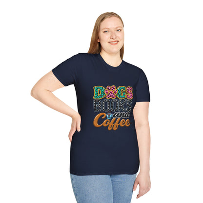 Dogs, Books and Coffee T-Shirt — Leopard Paw Typography Tee for Dog Lovers & Bookworms