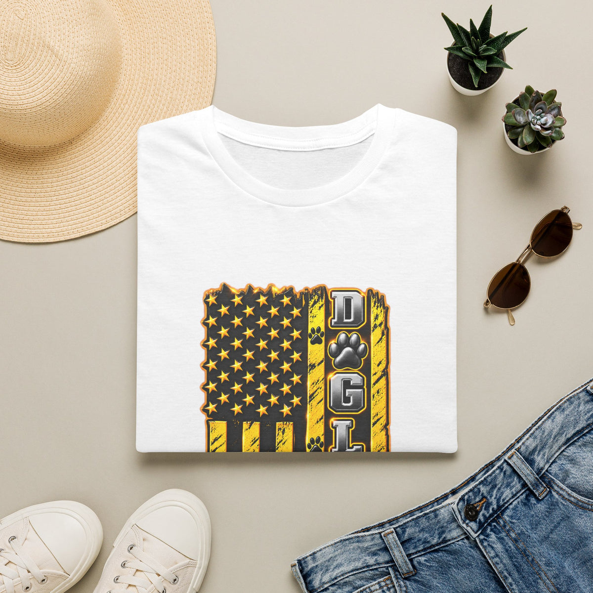 JCB Life Graphic T‑Shirt — Distressed Yellow American Flag Tractor Pride