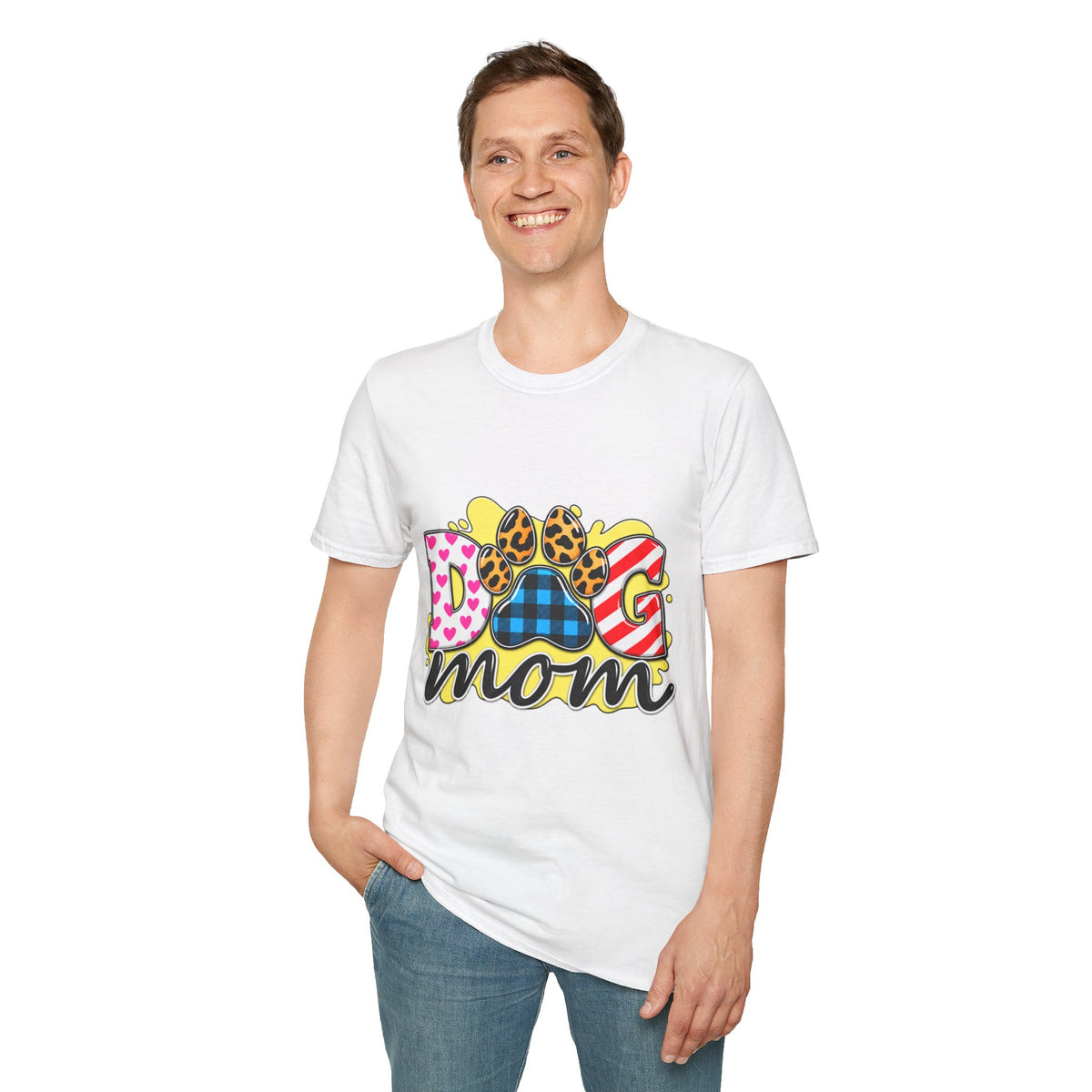 Dog Mom T‑Shirt — Colorful Paw Print Design