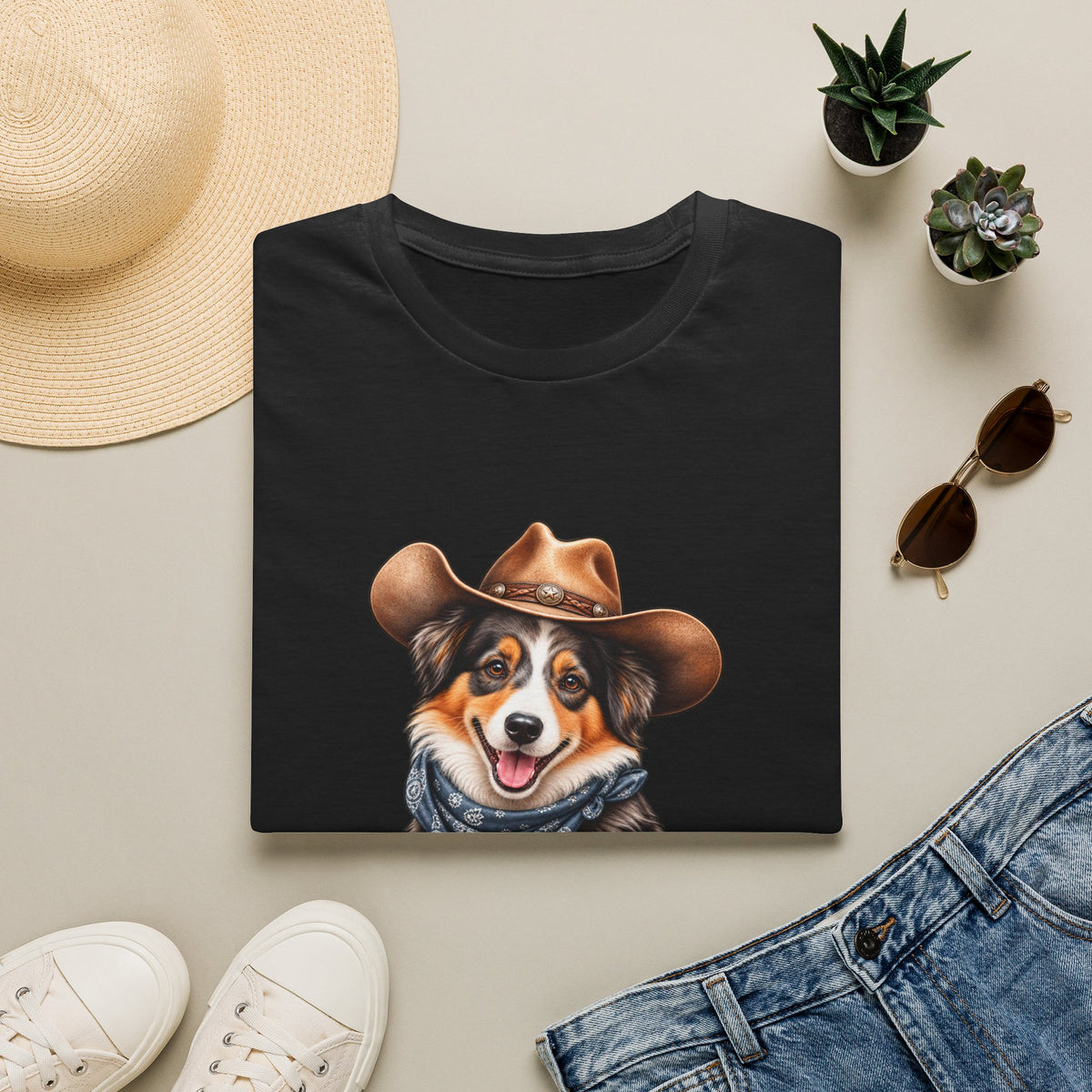Cowboy Dog T-Shirt — Cute Australian Shepherd in Hat