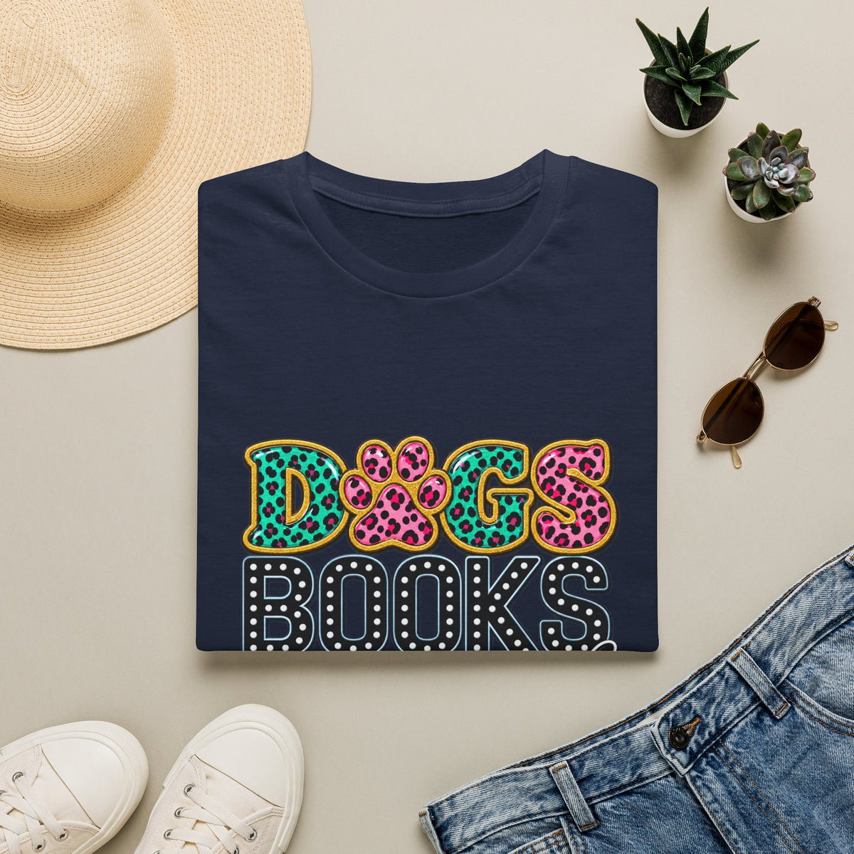 Dogs, Books and Coffee T-Shirt — Leopard Paw Typography Tee for Dog Lovers & Bookworms