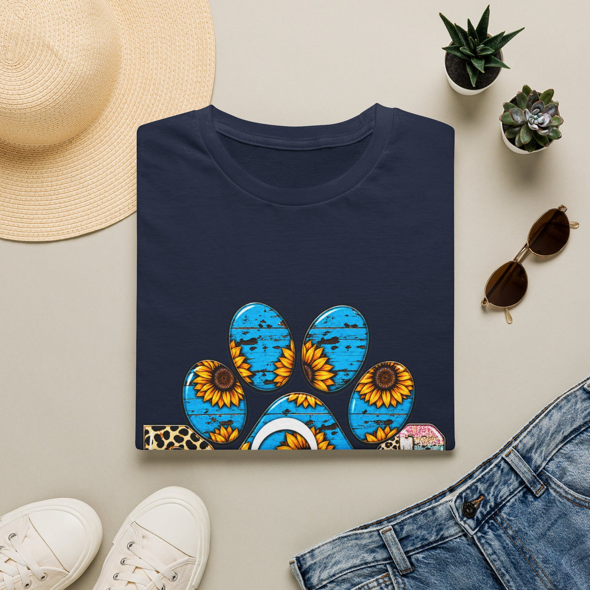 Sunflower Paw Print T-Shirt — Blue Rustic Pet Lover Tee