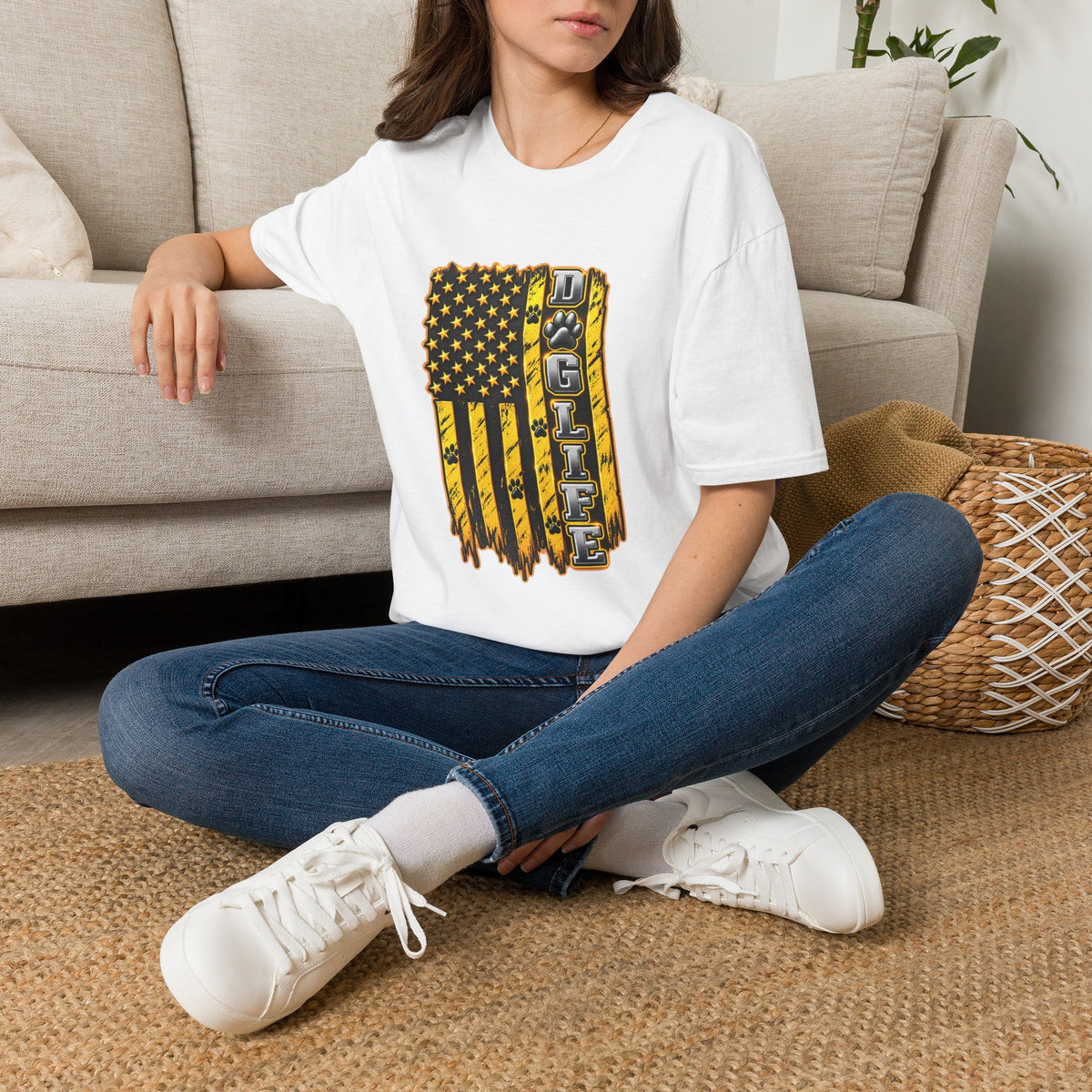 JCB Life Graphic T‑Shirt — Distressed Yellow American Flag Tractor Pride