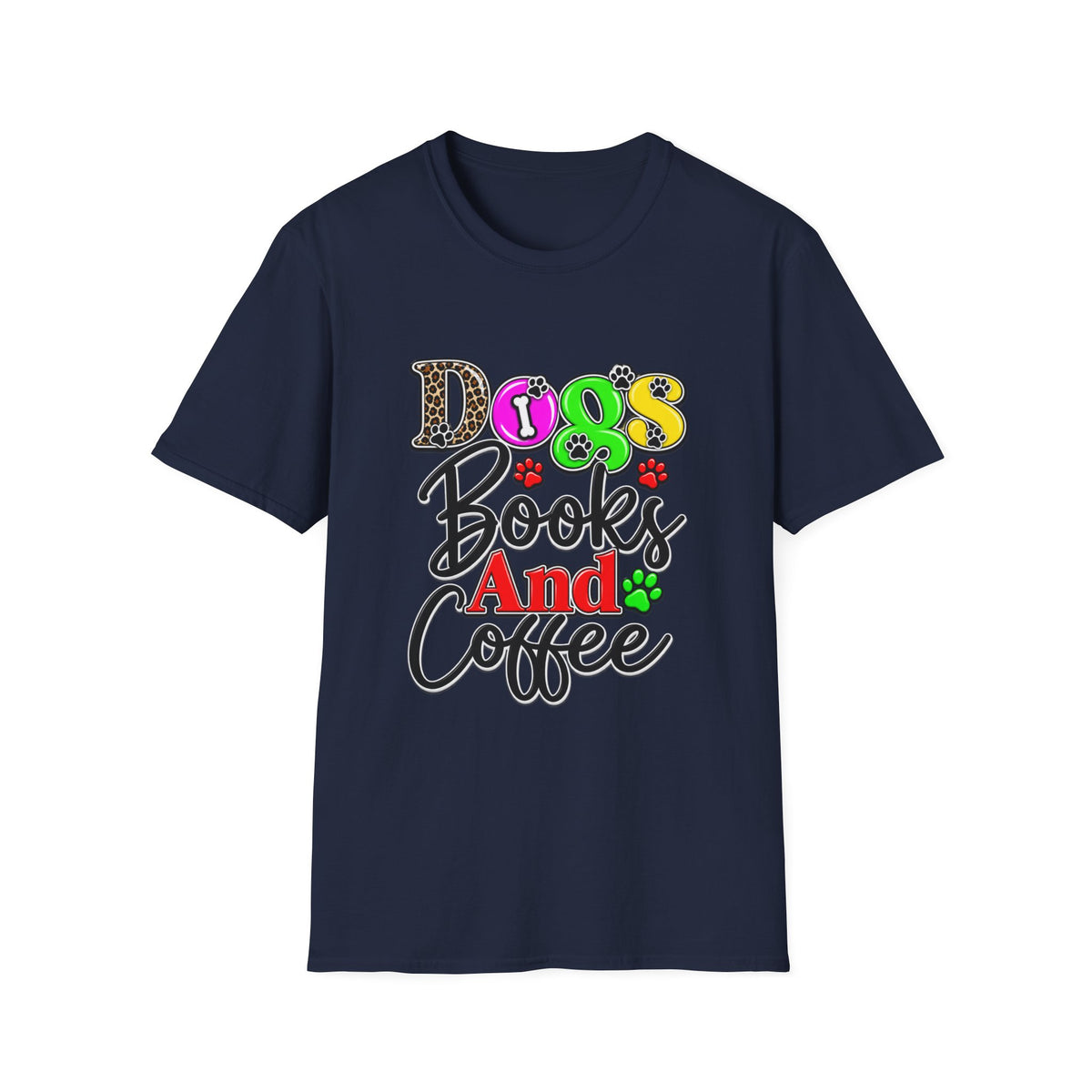 Dogs Books And Coffee T-Shirt — Colorful Paw Print Graphic Tee for Dog Lovers