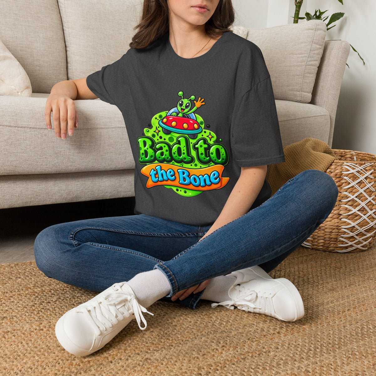 Bad to the Bone Alien T-Shirt — Cute UFO Cartoon Tee