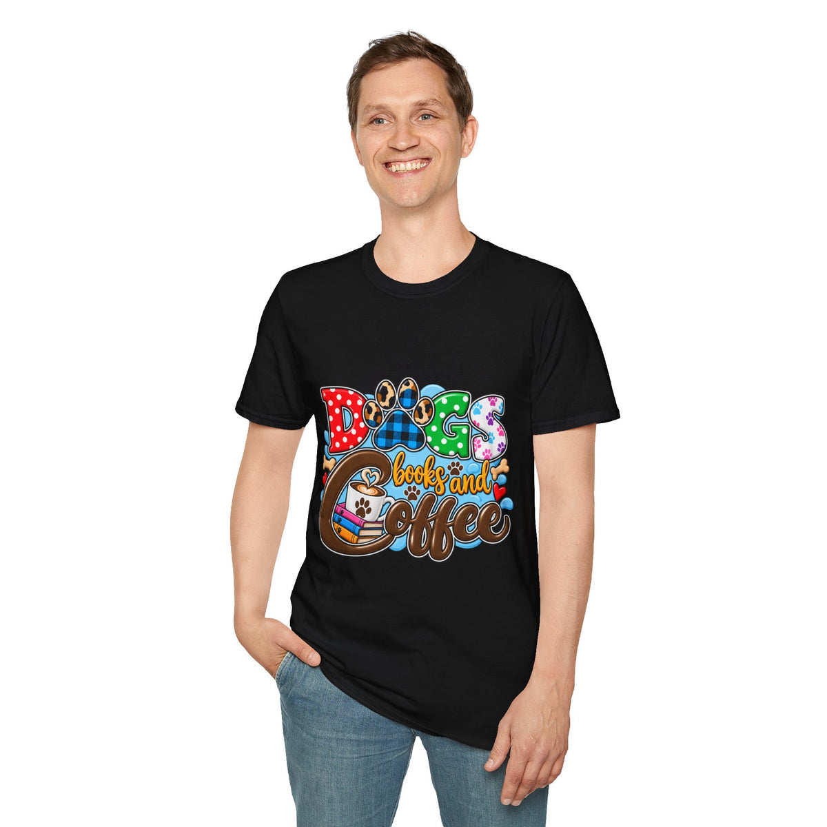 Dog Mom T-Shirt — "Dogs, Books and Coffee"