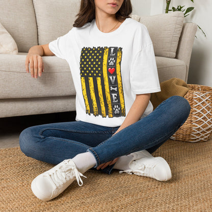 Love Paw Flag T-Shirt — Yellow Distressed American Flag with Paw Print & Heart