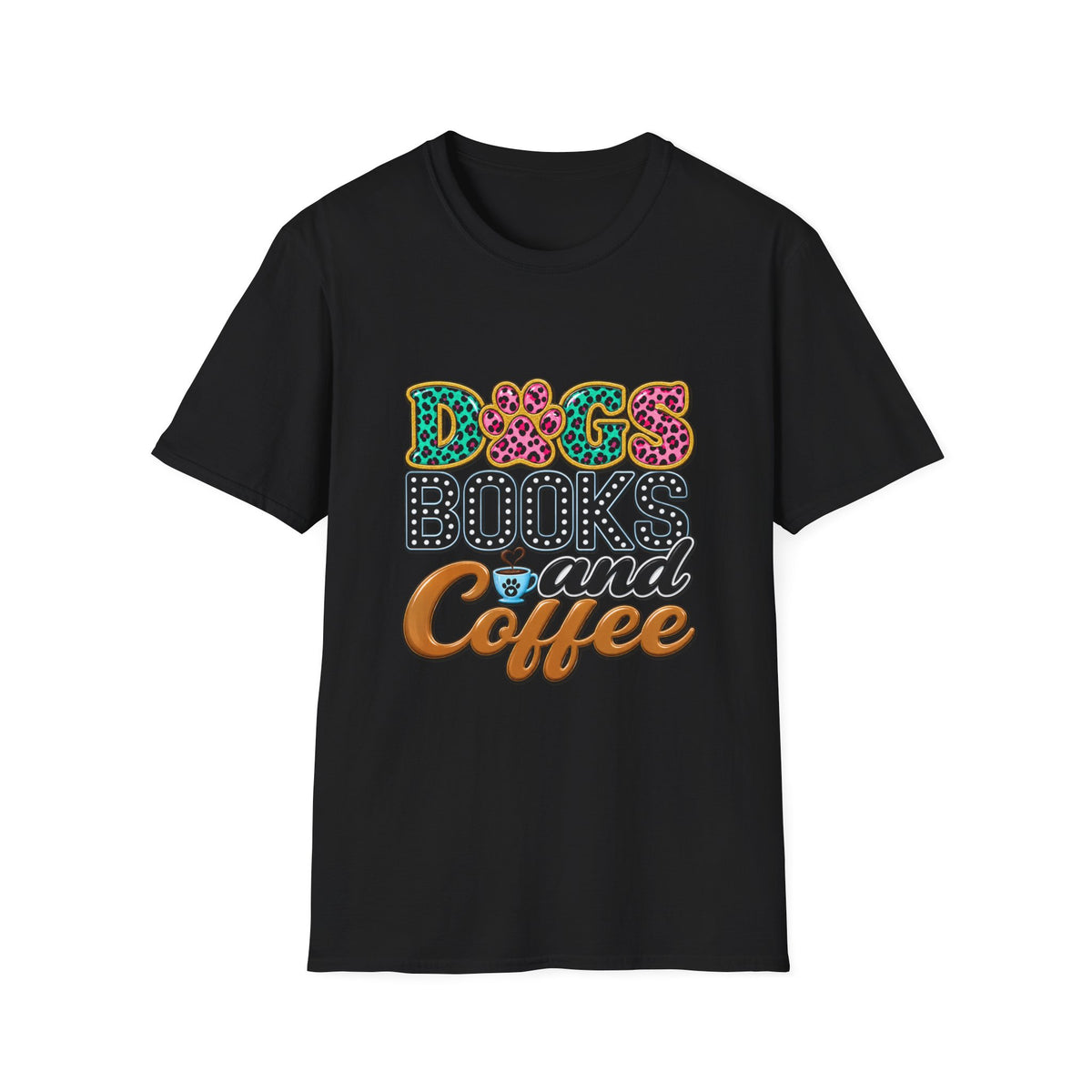 Dogs, Books and Coffee T-Shirt — Leopard Paw Typography Tee for Dog Lovers & Bookworms