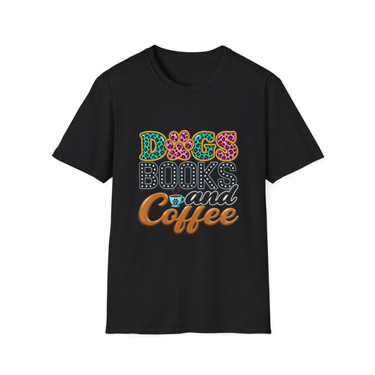 Dogs, Books and Coffee T-Shirt — Leopard Paw Typography Tee for Dog Lovers & Bookworms