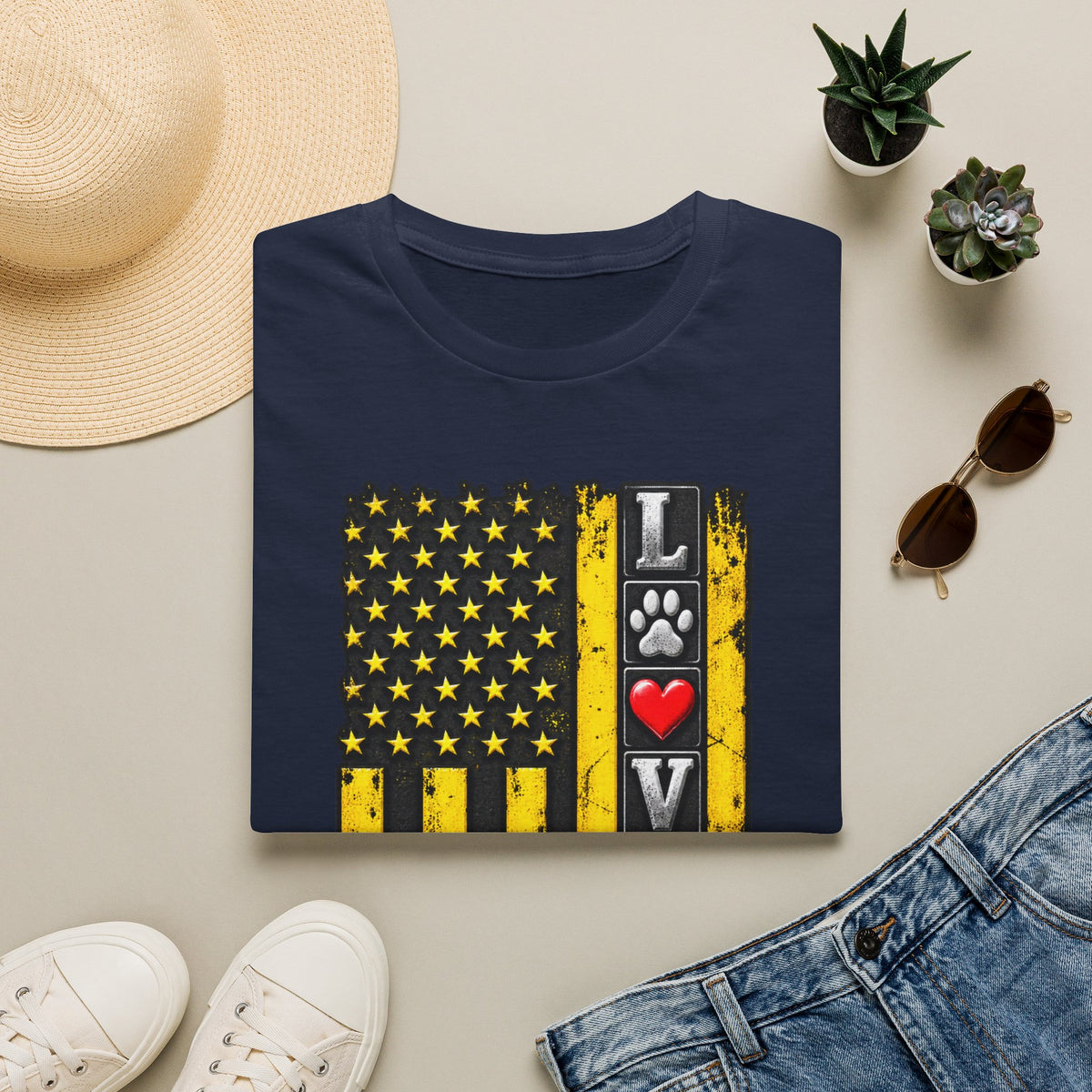 Love Paw Flag T-Shirt — Yellow Distressed American Flag with Paw Print & Heart