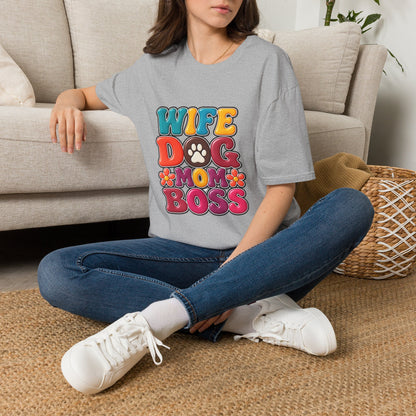 "Wife Dog Mom Boss" Colorful Paw Print Tee