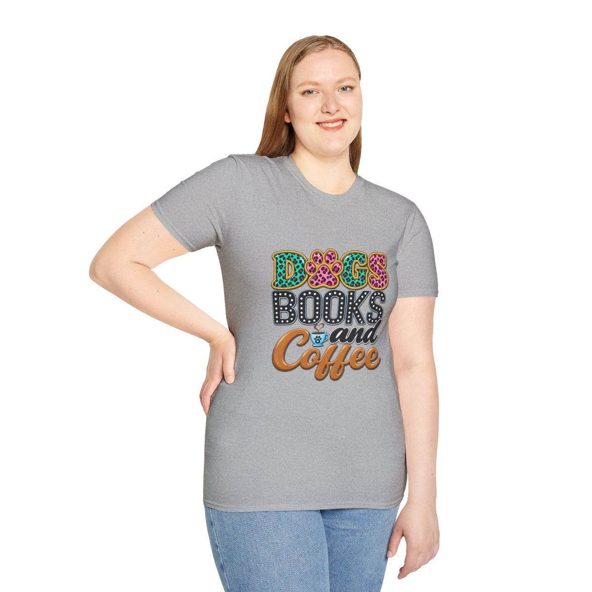 Dogs, Books and Coffee T-Shirt — Leopard Paw Typography Tee for Dog Lovers & Bookworms