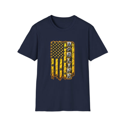 JCB Life Graphic T‑Shirt — Distressed Yellow American Flag Tractor Pride