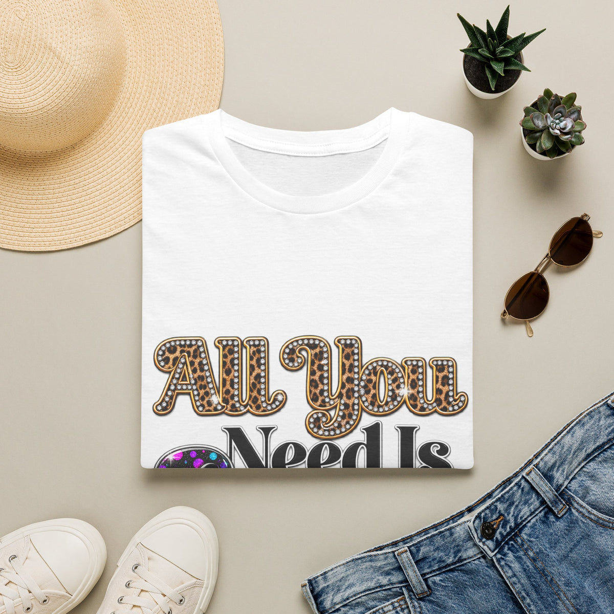 T-Shirt — "All You Need Is Love" Retro Leopard & Neon Heart Graphic Tee