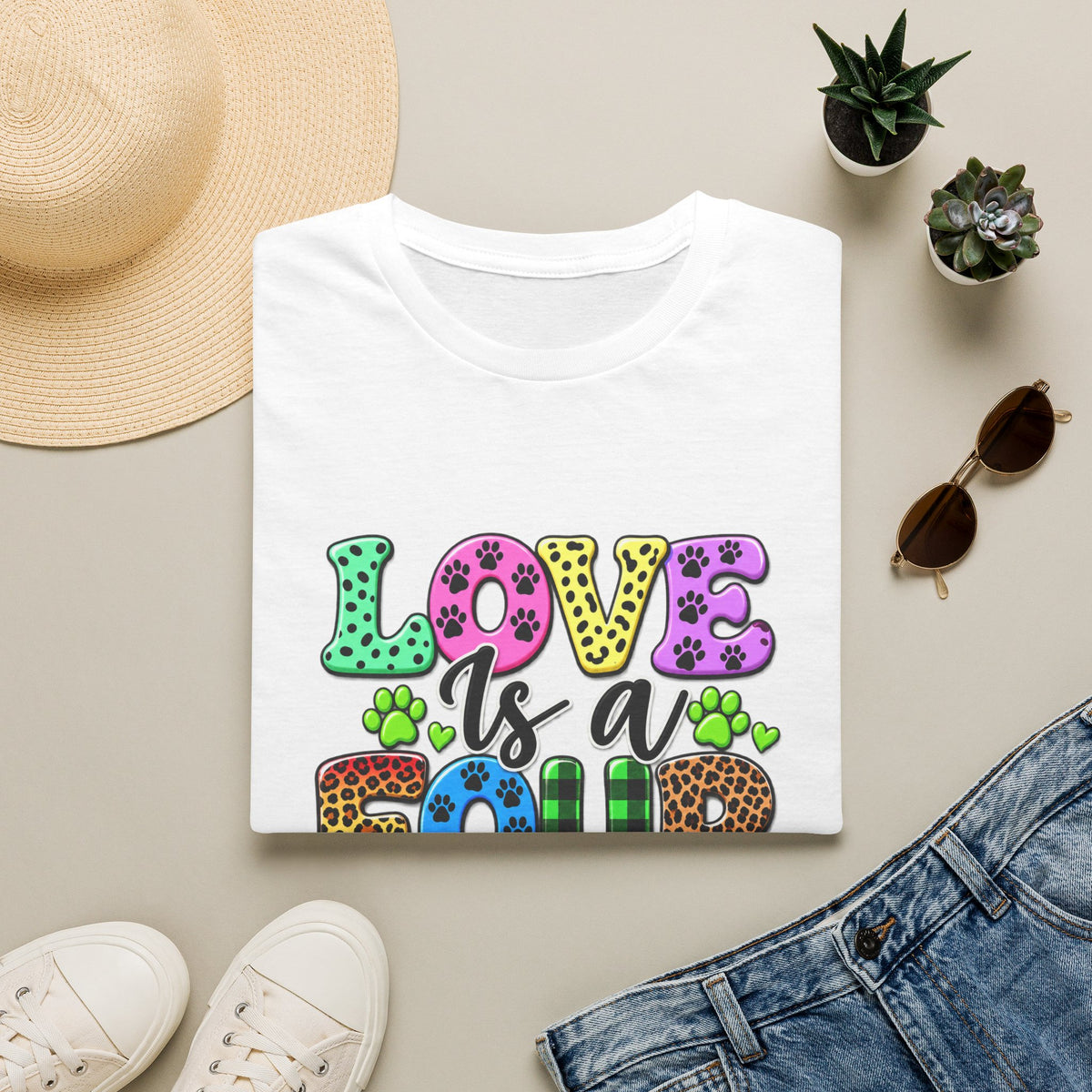 Love Is a Four-Legged Word T-Shirt — Colorful Paw Print Pet Lover Tee